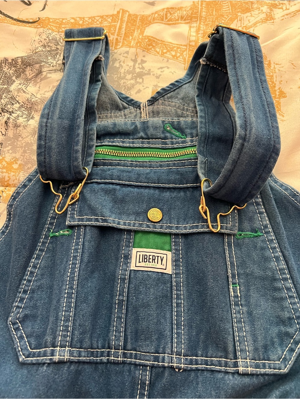 Liberty Blue Denim Overalls with Green Trim